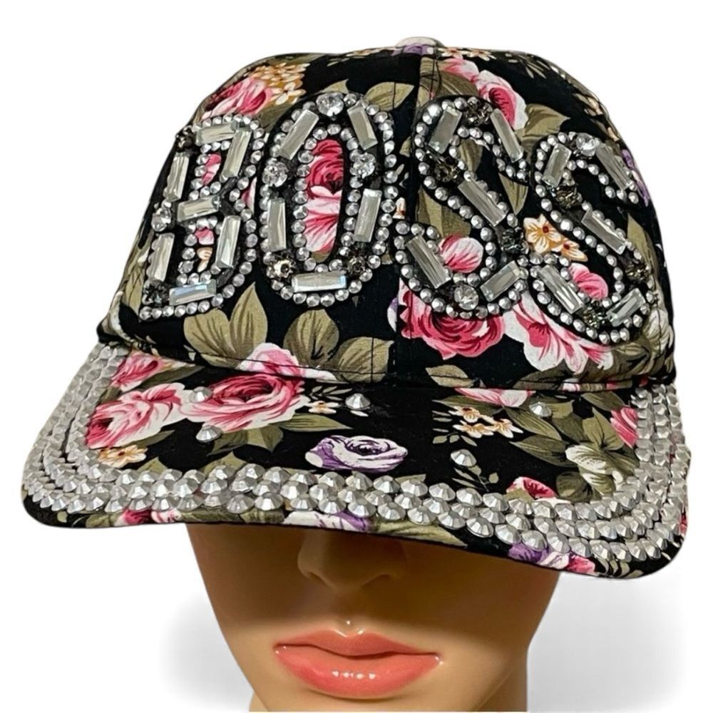 Magid Womens Floral Rhinestone Ball Cap Boss Pink Green Black Silver Rhinestone